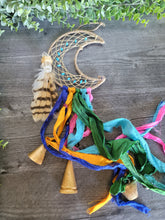 Load image into Gallery viewer, Crescent Moon Dream Catcher Witch's Bells Made with Sari Silk Scraps and Indian Brass Bells