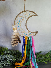 Load image into Gallery viewer, Crescent Moon Dream Catcher Witch's Bells Made with Sari Silk Scraps and Indian Brass Bells