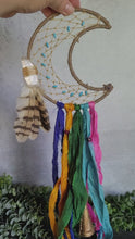 Load and play video in Gallery viewer, Crescent Moon Dream Catcher Witch&#39;s Bells Made with Sari Silk Scraps and Indian Brass Bells

